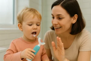 Parent supervising toddler brushing with a pea-sized amount of toothpaste